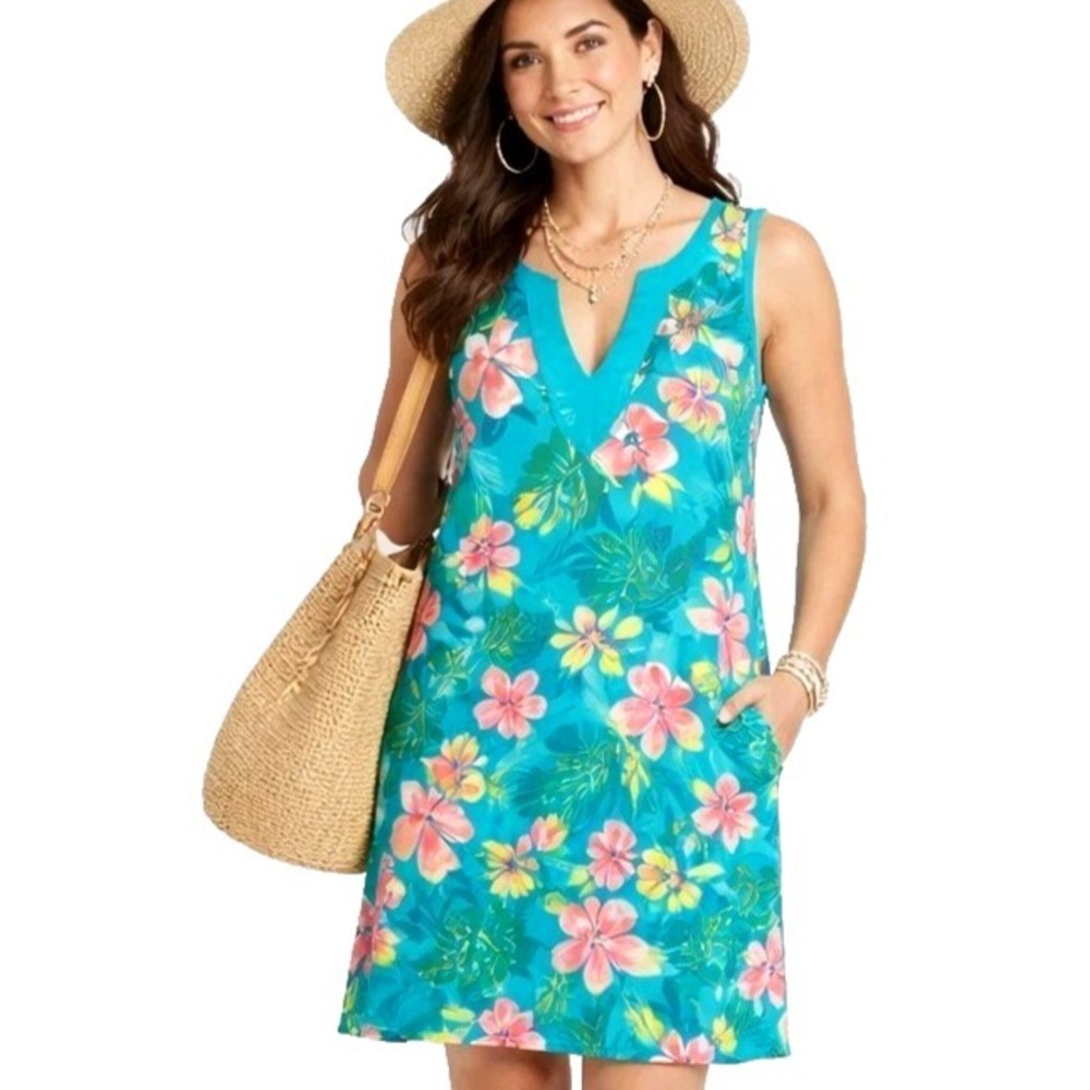 LANDS END Size Small Tropical Teal‎ Floral Split V-neck Cotton Shift Dress Beach